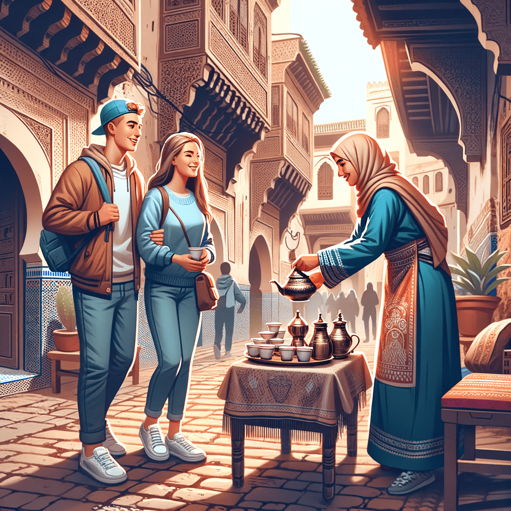 A tourist couple wearing casual clothes and being welcomed by a Moroccan female conservative native in in the ancient medina of Fez.